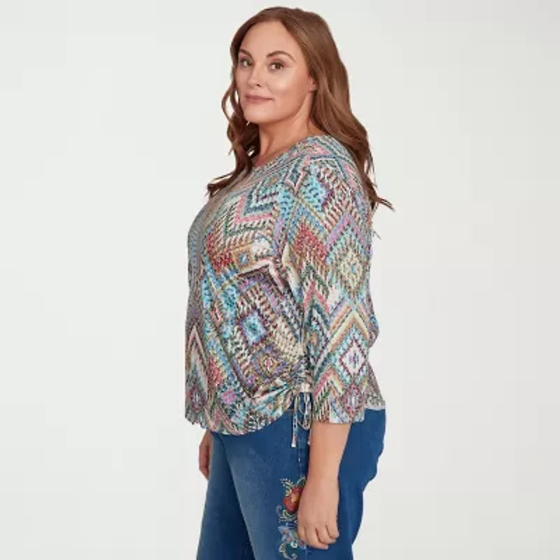 Alfred Dunner El Paso Womens Plus Crew Neck 3/4 Sleeve T-Shirt