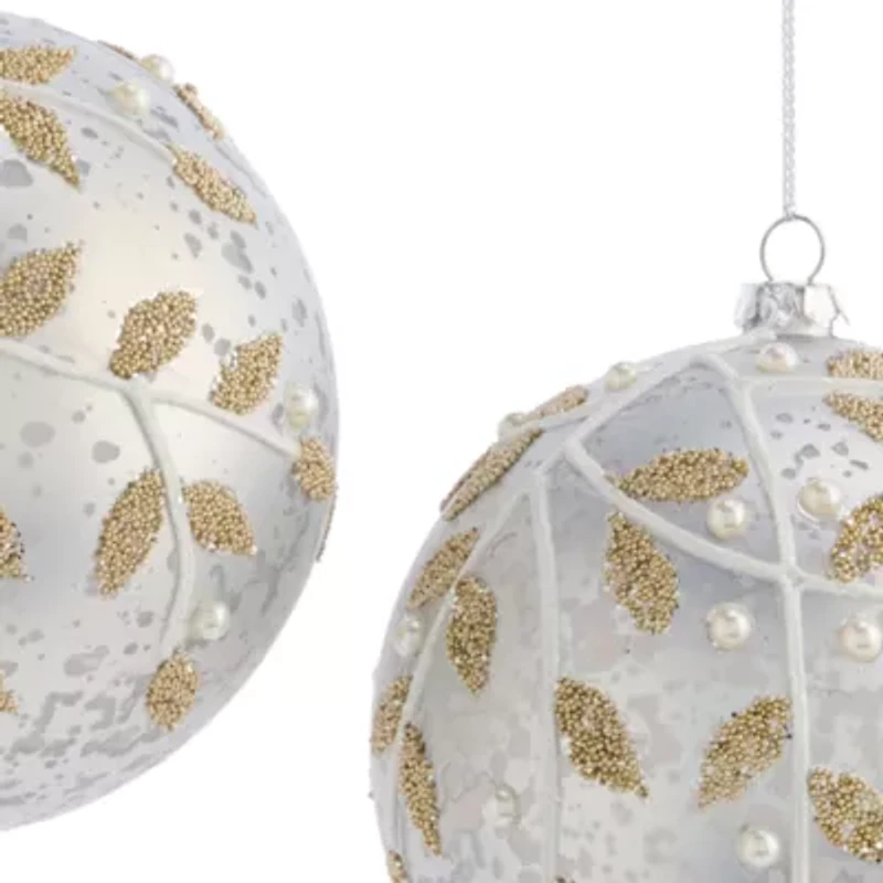 North Pole Trading Co. Silver Leaf And Pearl Ball 2-pc. Christmas Ornament