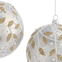 North Pole Trading Co. Silver Leaf And Pearl Ball 2-pc. Christmas Ornament