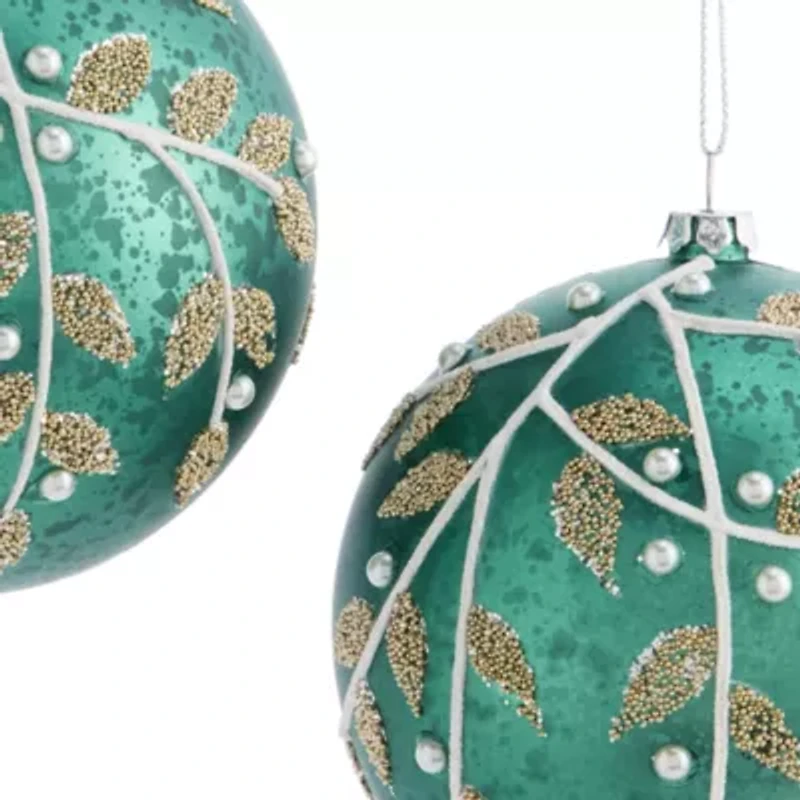North Pole Trading Co. Green Leaf And Pearl Ball Set 2-pc. Christmas Ornament