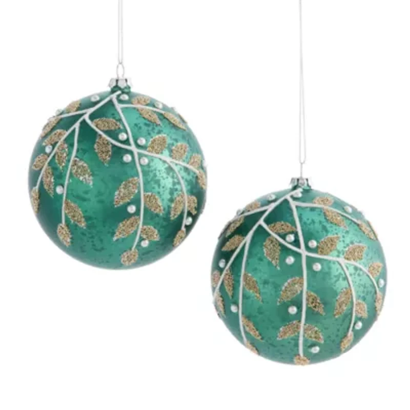 North Pole Trading Co. Green Leaf And Pearl Ball Set 2-pc. Christmas Ornament