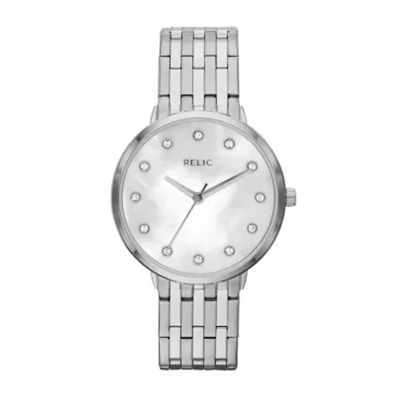 Relic® Womens Silver-Tone Mother-Of-Pearl & Crystal-Accent Watch ZR34286