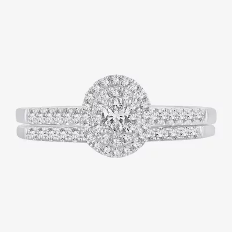 Oval 1/2 CT.T.W. Natural Diamond Side Stone Halo Bridal Set 10K or 14K White Gold