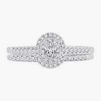 Oval 1/2 CT.T.W. Natural Diamond Side Stone Halo Bridal Set 10K or 14K White Gold