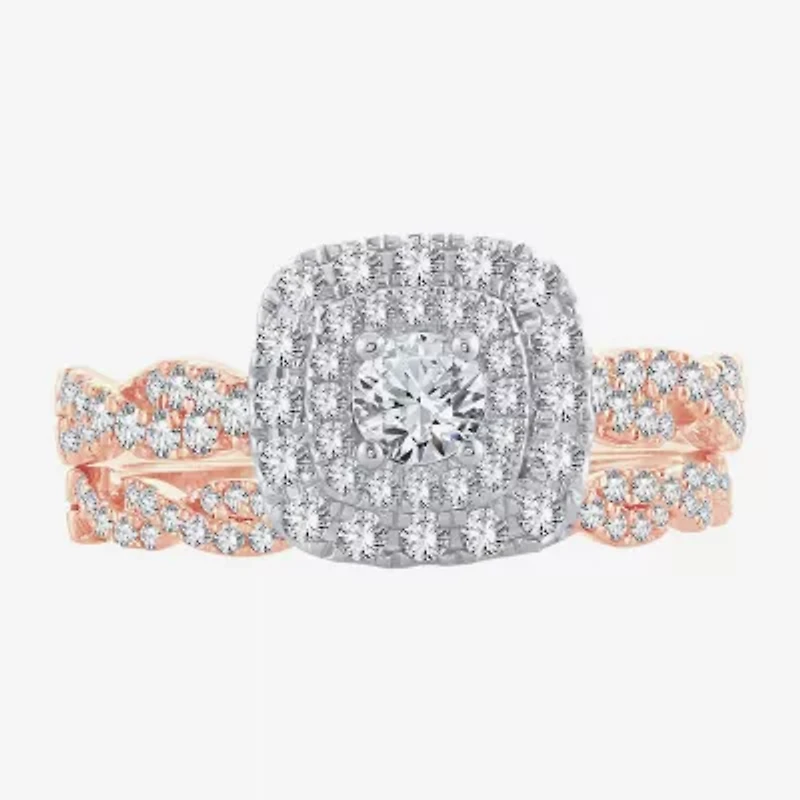 Signature By Modern Bride 1 CT.T.W. Natural Diamond Cushion Shape Side Stone Halo Bridal Set 10K or 14K Gold