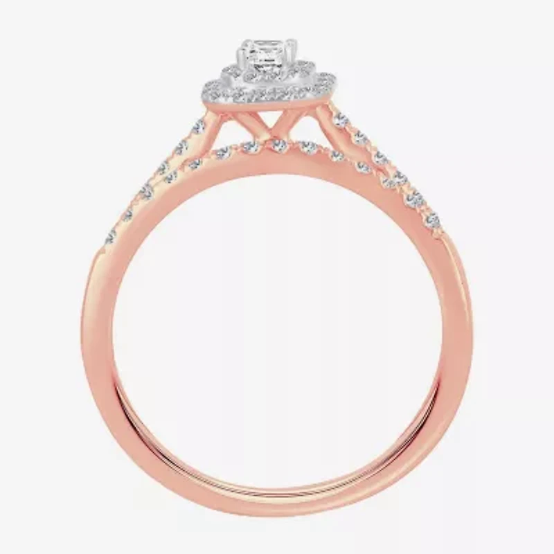 1/2 CT.T.W. Natural Diamond Side Stone Halo Bridal Set 10K or 14K Gold