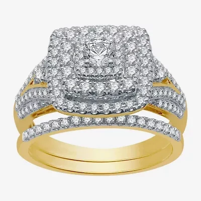 (H-I / I1) Womens 1 CT. T.W. Lab Grown White Diamond 10K Gold Cushion Side Stone Halo Bridal Set