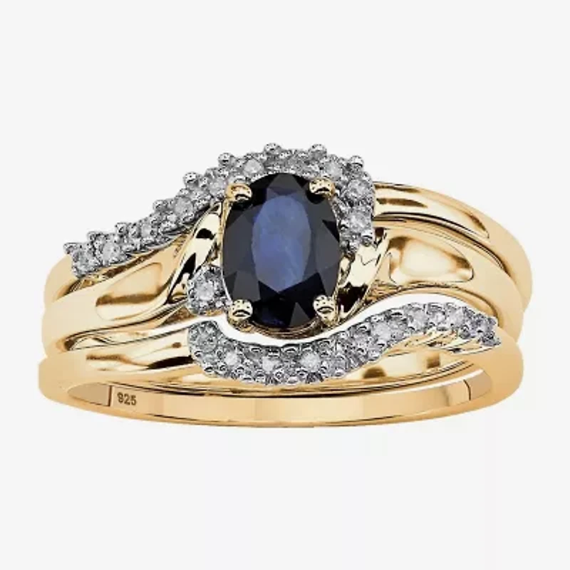 DiamonArt® Womens 1 1/10 CT. T.W. Genuine Blue Sapphire 18K Gold Over Silver Oval Bridal Set