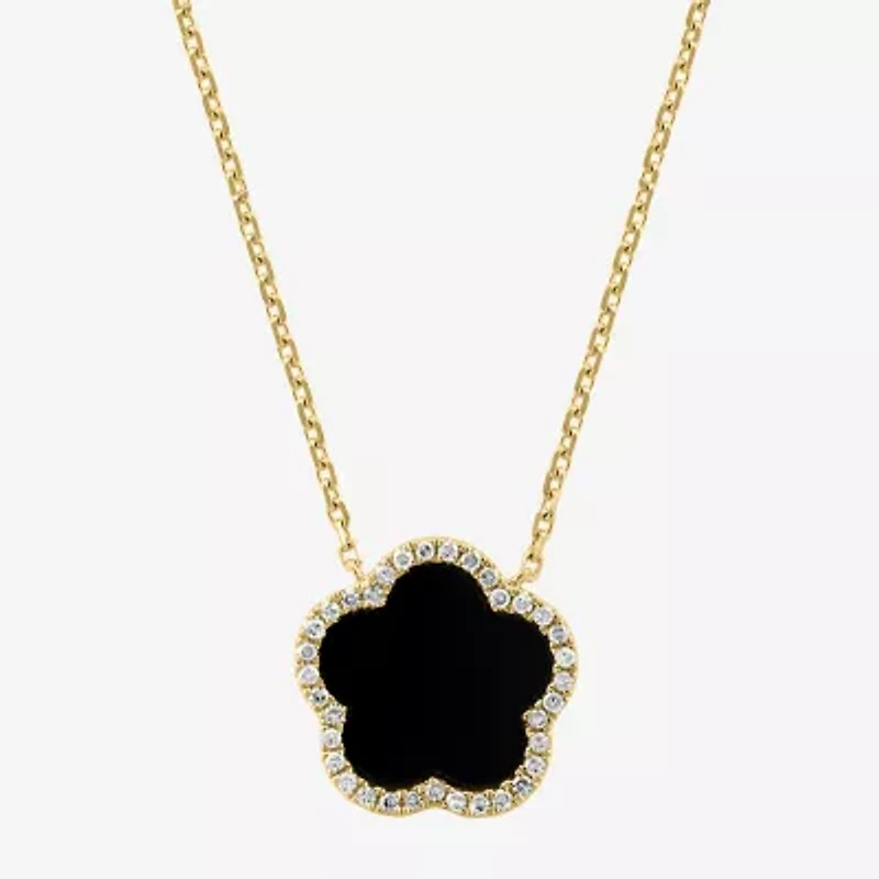 Effy Final Call Womens 1/6 CT. T.W. Genuine Black Onyx 14K Gold Clover 16 Inch Pendant Necklace