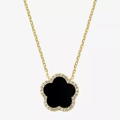 Effy Final Call Womens 1/6 CT. T.W. Genuine Black Onyx 14K Gold Clover 16 Inch Pendant Necklace