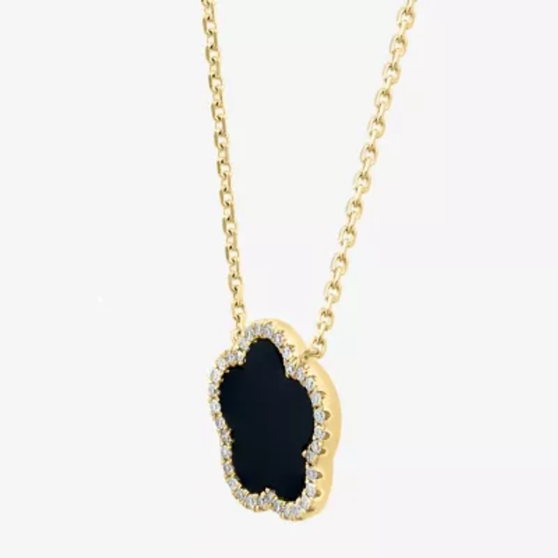 Effy Final Call Womens 1/6 CT. T.W. Genuine Black Onyx 14K Gold Clover 16 Inch Pendant Necklace