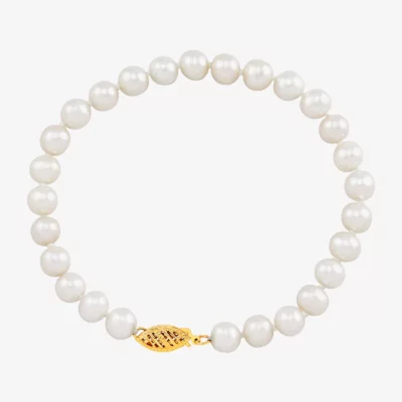 Womens White Cultured Freshwater Pearl 10K Gold Strand Bracelet