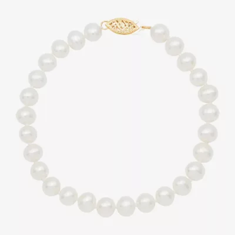 Womens White Cultured Freshwater Pearl 10K Gold Strand Bracelet