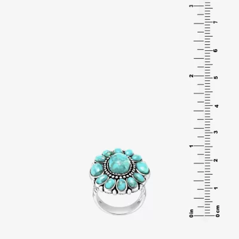 Womens Blue Turquoise Sterling Silver Flower Round Cocktail Ring