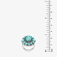 Womens Blue Turquoise Sterling Silver Flower Round Cocktail Ring