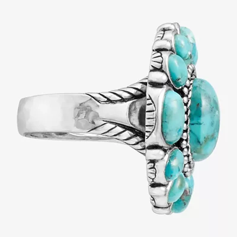 Womens Blue Turquoise Sterling Silver Flower Round Cocktail Ring