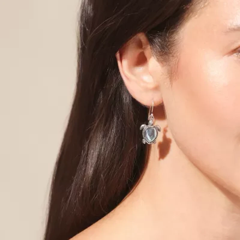Bali Inspired Turtle Womens Blue Abalone Sterling Silver Drop Earrings