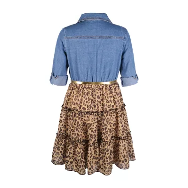 Lilt Little & Big Kid Girls Long Sleeve Midi Leopard Shirt Dress