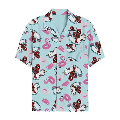 Mens Short Sleeve Regular Fit Deadpool Button-Down Shirt