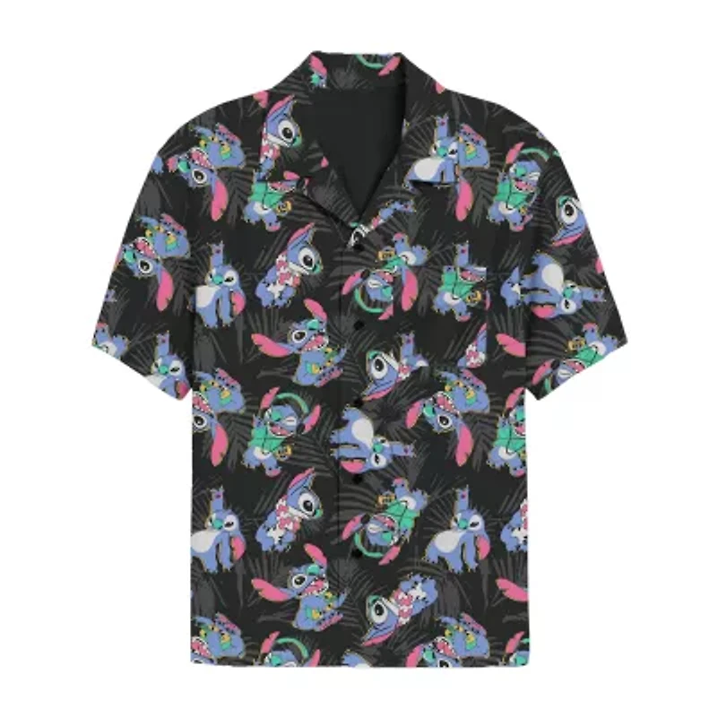 Mens Short Sleeve Regular Fit Lilo & Stitch Button-Down Shirt