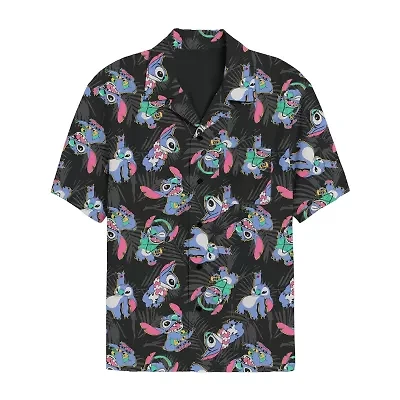 Mens Short Sleeve Regular Fit Lilo & Stitch Button-Down Shirt
