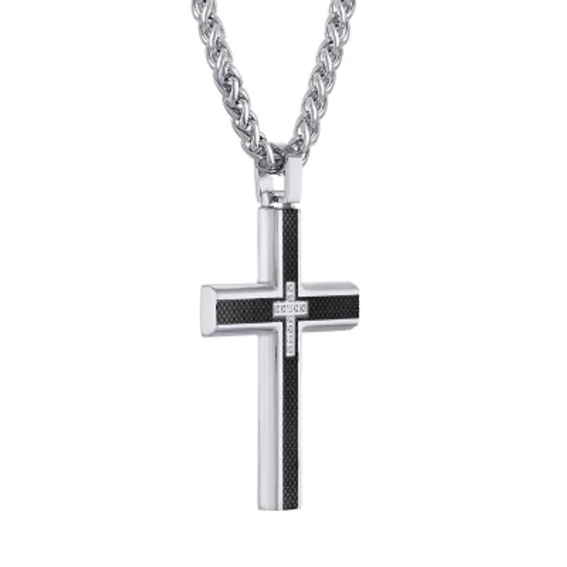 Mens Cubic Zirconia Stainless Steel Cross 24 Inch Pendant Necklace
