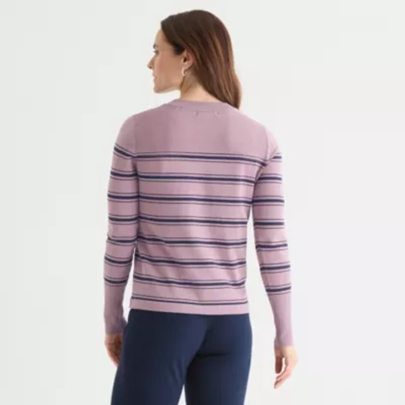 Liz Claiborne Womens Crew Neck Long Sleeve Striped Pullover Sweater