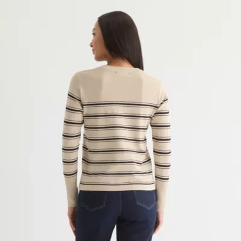 Liz Claiborne Womens Crew Neck Long Sleeve Striped Pullover Sweater