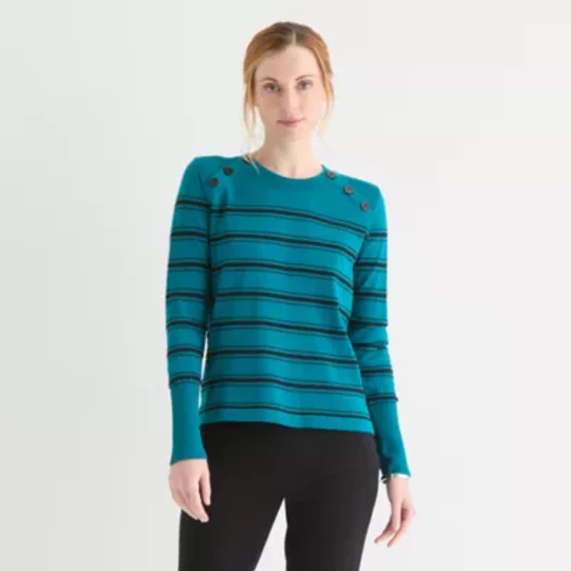 Liz Claiborne Womens Crew Neck Long Sleeve Striped Pullover Sweater
