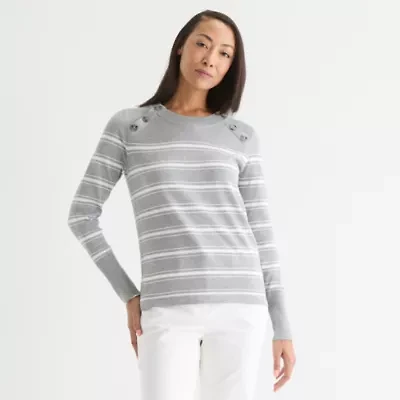 Liz Claiborne Womens Crew Neck Long Sleeve Striped Pullover Sweater