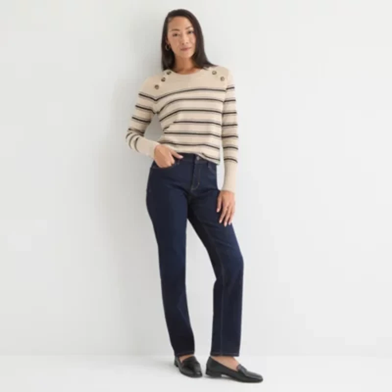 Liz Claiborne Womens Crew Neck Long Sleeve Striped Pullover Sweater