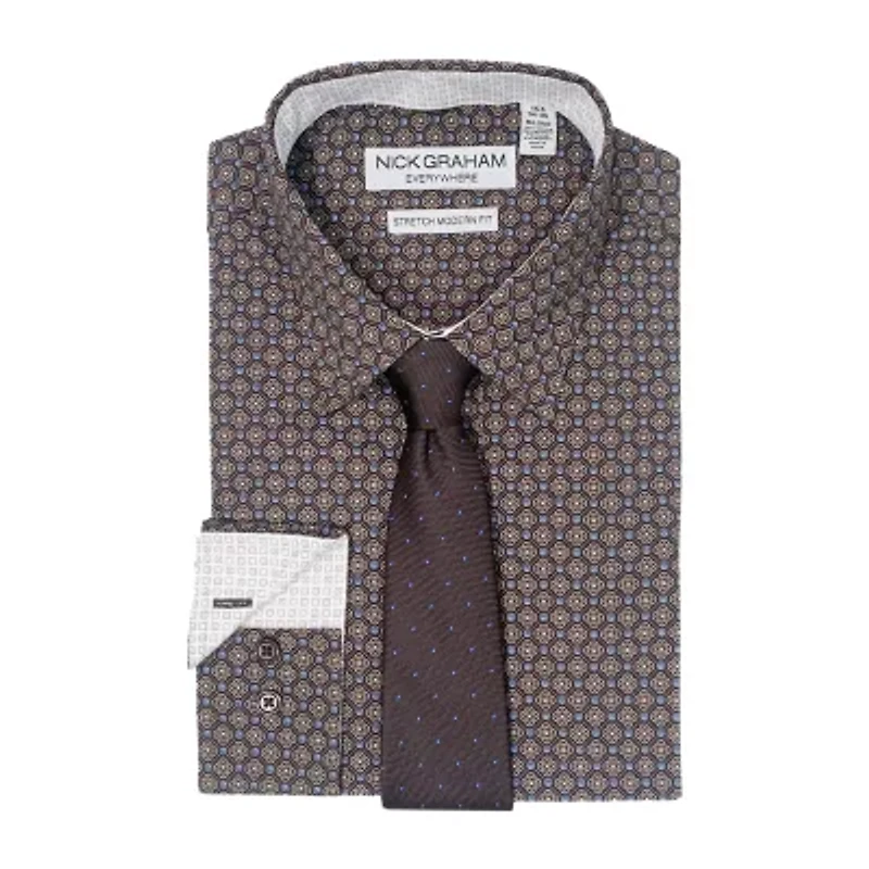 Nick Graham Mens Spread Collar Long Sleeve Shirt + Tie Set Fitted