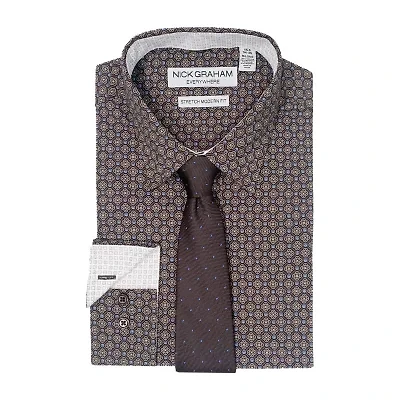 Nick Graham Mens Spread Collar Long Sleeve Shirt + Tie Set Fitted