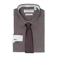 Nick Graham Mens Spread Collar Long Sleeve Shirt + Tie Set Fitted