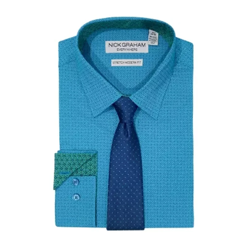 Nick Graham Mens Point Collar Long Sleeve Shirt + Tie Set Fitted