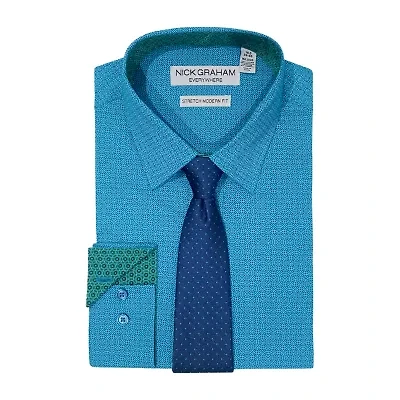 Nick Graham Mens Point Collar Long Sleeve Shirt + Tie Set Fitted