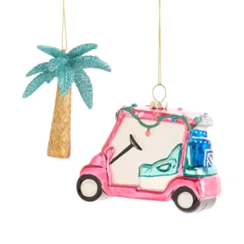 North Pole Trading Co. Plam Tree And Gold Cart Set Christmas Ornament