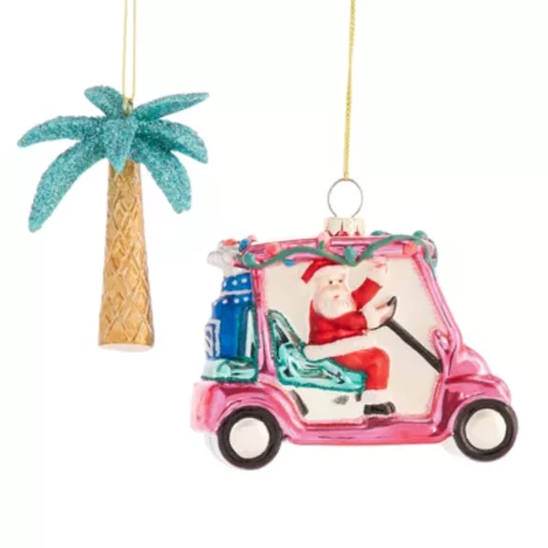 North Pole Trading Co. Plam Tree And Gold Cart Set Christmas Ornament