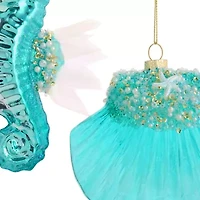 North Pole Trading Co. Teal Sea Horse And Oyster Set 2-pc. Christmas Ornament