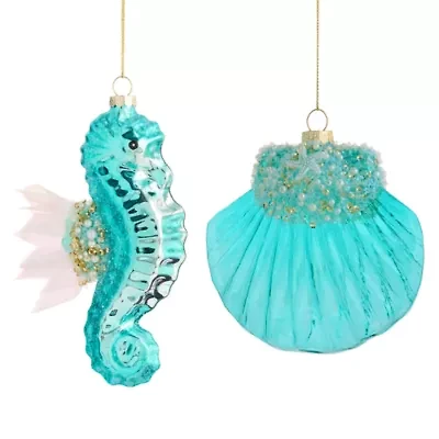North Pole Trading Co. Teal Sea Horse And Oyster Set 2-pc. Christmas Ornament