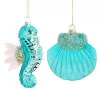 North Pole Trading Co. Teal Sea Horse And Oyster Set 2-pc. Christmas Ornament