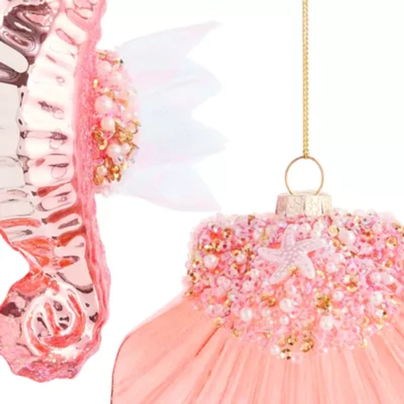 North Pole Trading Co. Pink Sea Hourse And Oyster Set 2-pc. Christmas Ornament