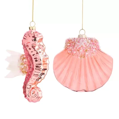 North Pole Trading Co. Pink Sea Hourse And Oyster Set 2-pc. Christmas Ornament