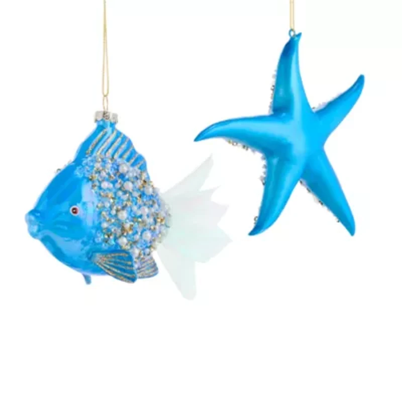 North Pole Trading Co. Blue Starfish And Fish Set 2-pc. Christmas Ornament