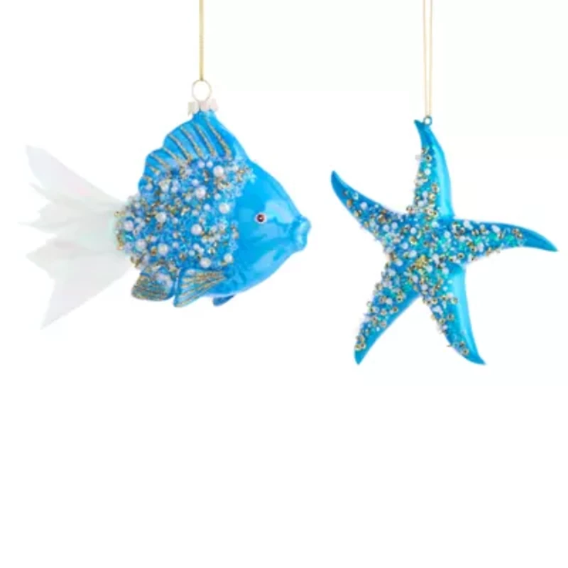 North Pole Trading Co. Blue Starfish And Fish Set 2-pc. Christmas Ornament