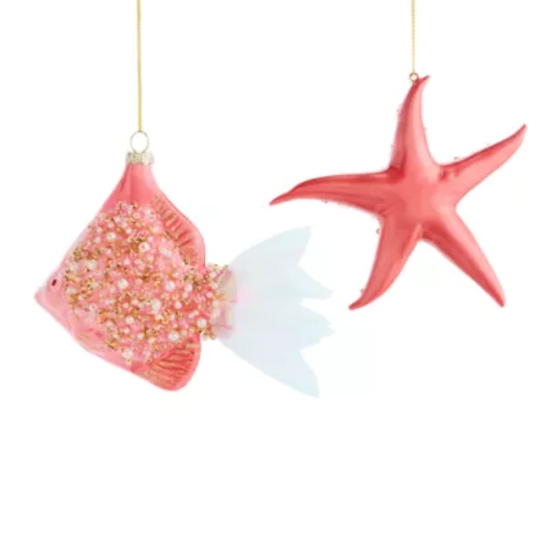 North Pole Trading Co. Pink Starfish And Fish Set 2-pc. Christmas Ornament