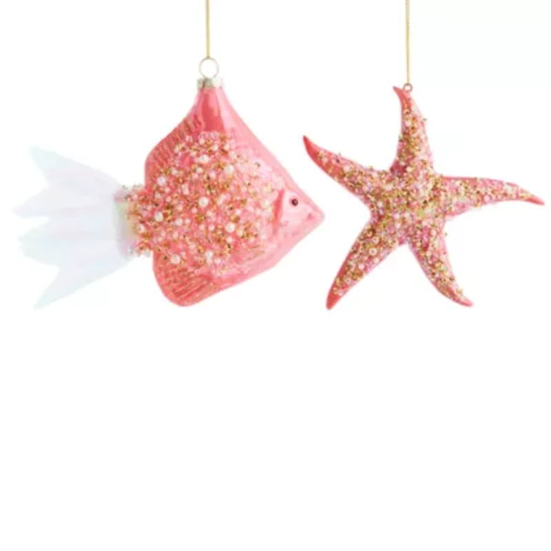 North Pole Trading Co. Pink Starfish And Fish Set 2-pc. Christmas Ornament