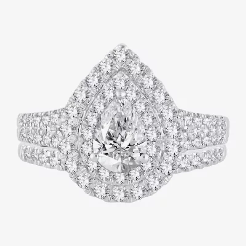 Signature By Modern Bride (H-I / Si1-Si2) Womens 1 1/2 CT. T.W. Lab Grown White Diamond 10K or 14K Gold Pear Halo Bridal Set