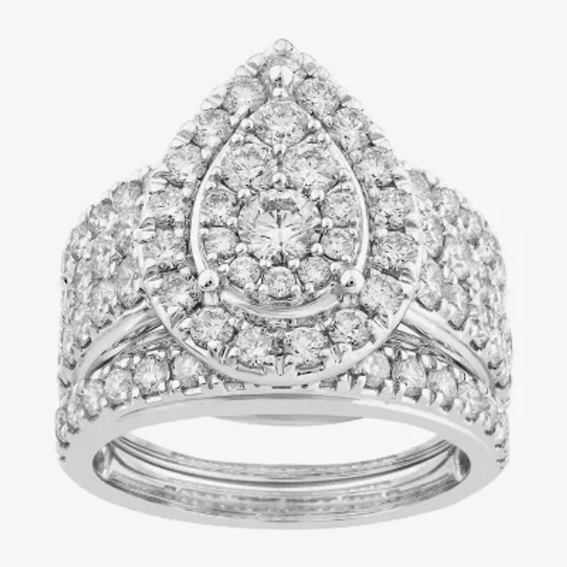 (G-H / Si2) Womens 3 CT. T.W. Lab Grown White Diamond 10K White Gold Pear Side Stone Halo Bridal Set