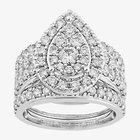 (G-H / Si2) Womens 3 CT. T.W. Lab Grown White Diamond 10K White Gold Pear Side Stone Halo Bridal Set